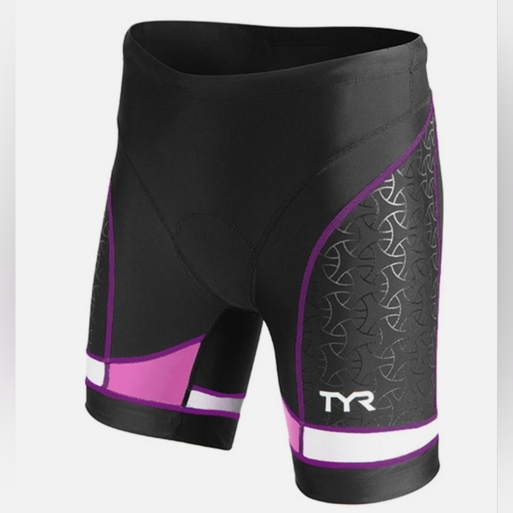 TYR Women's Black/Purple White 6" Tri Exercise Bike Shorts COMPETITOR New. Small